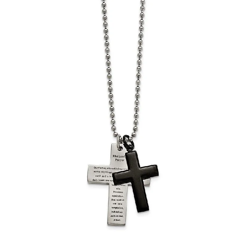 Wedding Necklaces-Stainless Steel Polished Black IP-plated Lord's Prayer Cross Necklace