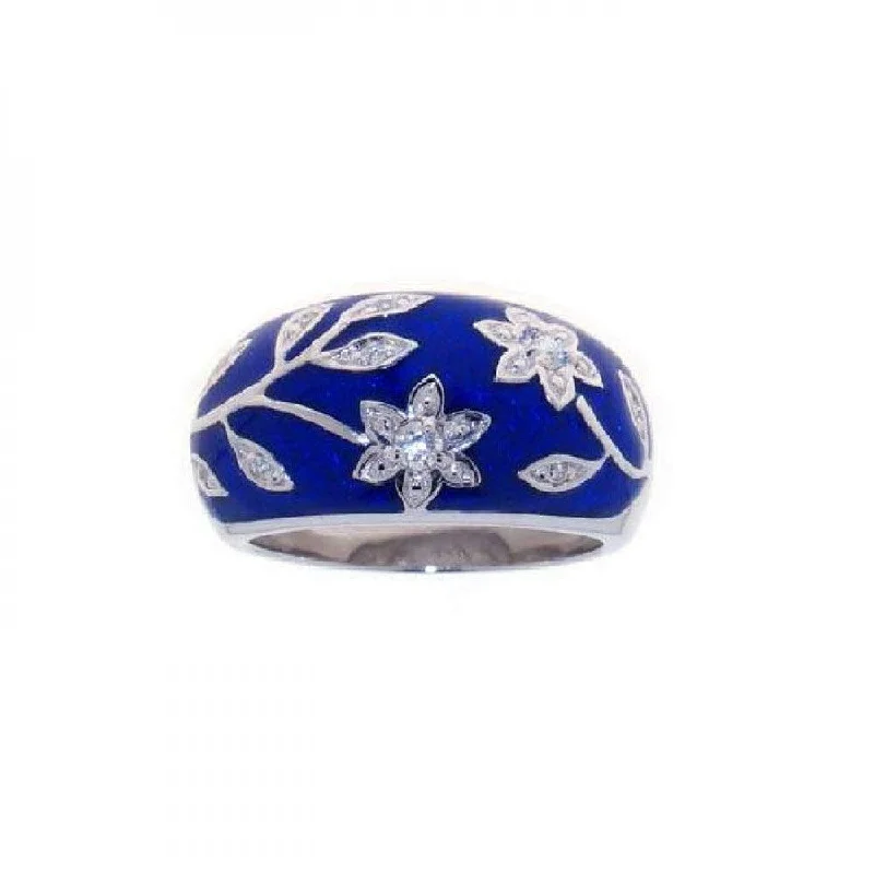 Adjustable Wedding Bands-Silver 925 Rhodium Plated Blue Enamel CZ Flower Ring - STR00607