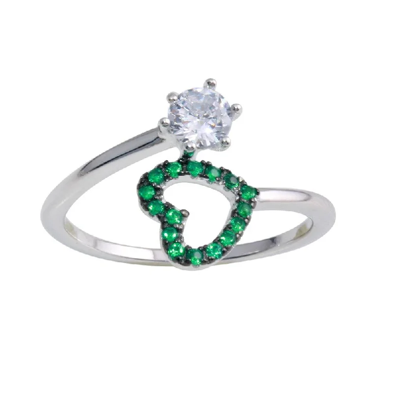 Custom Wedding Ring Sets-Rhodium Plated 925 Sterling Silver Open Heart Ring with Green and Clear CZ - BGR01221GRN