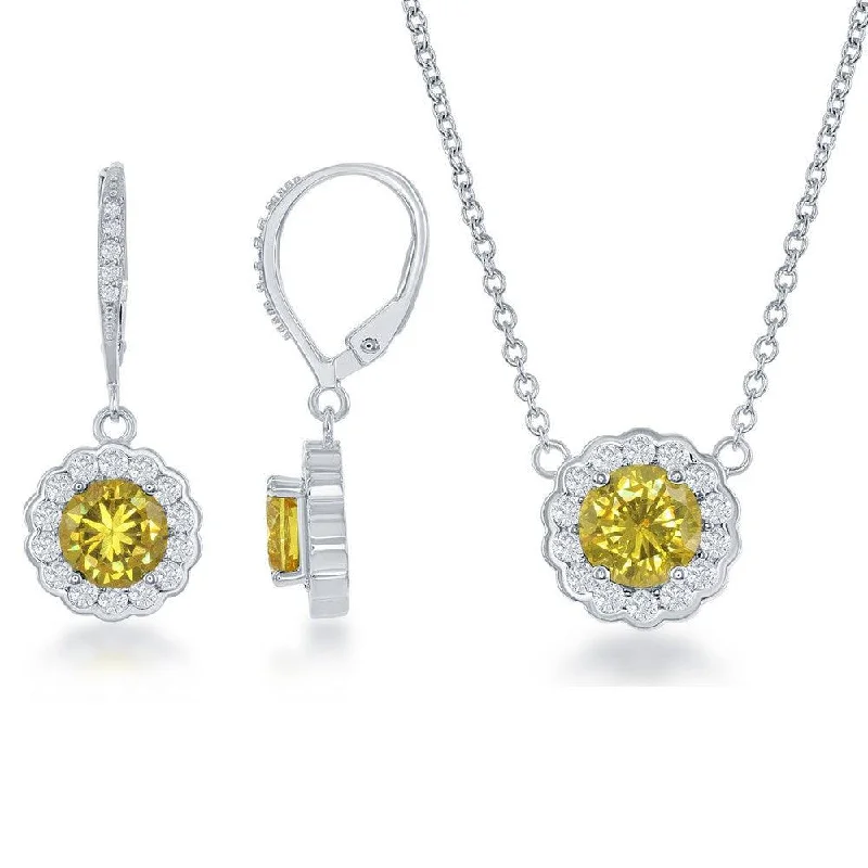 Long Silver Necklaces-Sterling Silver November Birthstone With  CZ Border Round Earrings and Necklace Set