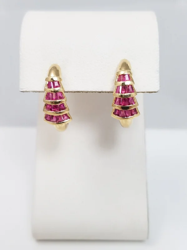 Gold Dangle Earrings-Natural Ruby 14k Yellow Gold Huggie Earrings