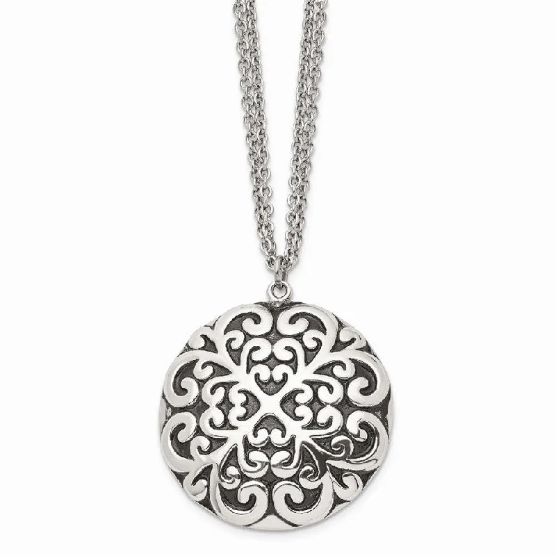 Trendy Heart Shape Necklaces-Stainless Steel Polished and Antiqued Circle Necklace