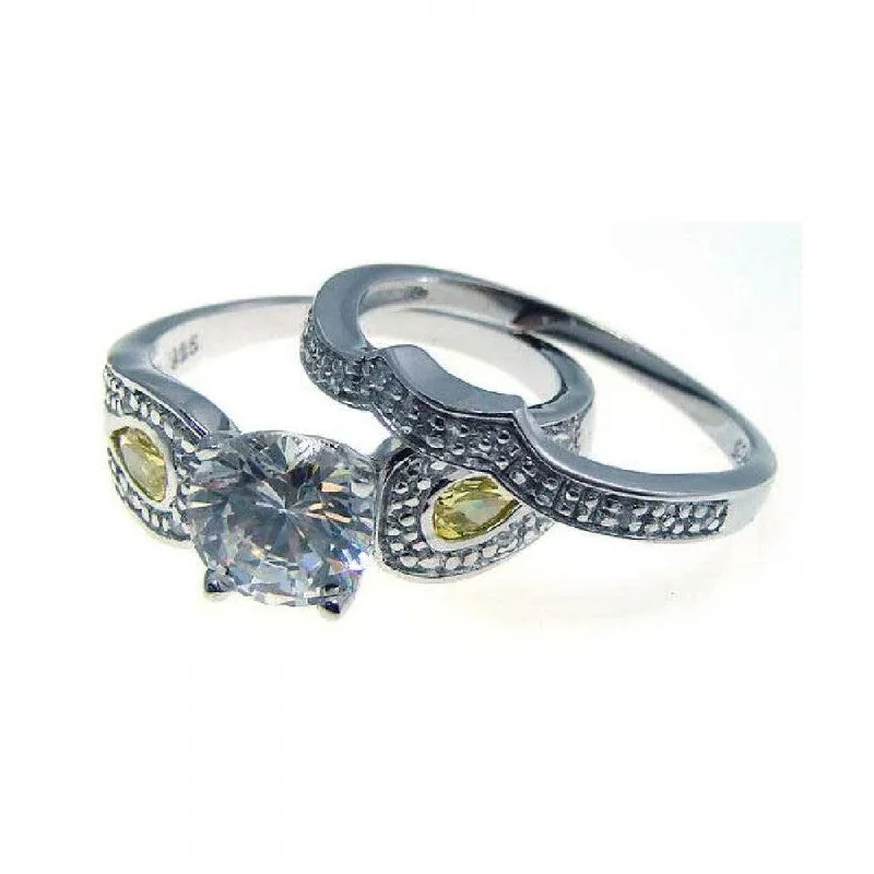 Sparkling Diamond Rings-Silver 925 Rhodium Plated Yellow and Clear CZ Antique Ring Pair - STR00535