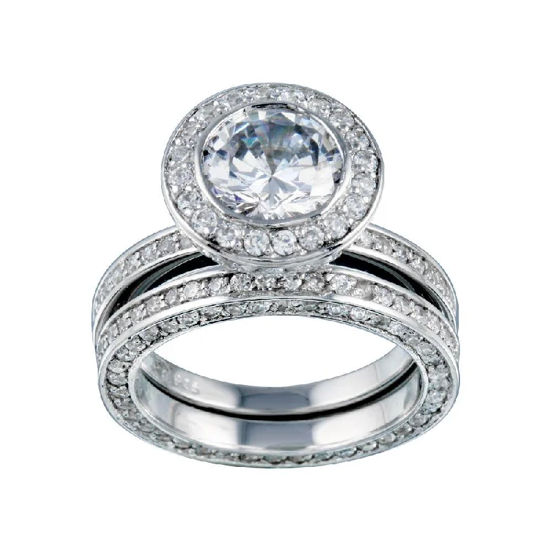 Antique Gold Rings-Rhodium Plated 925 Sterling Silver Clear CZ Round Bridal Ring Set - BGR00199