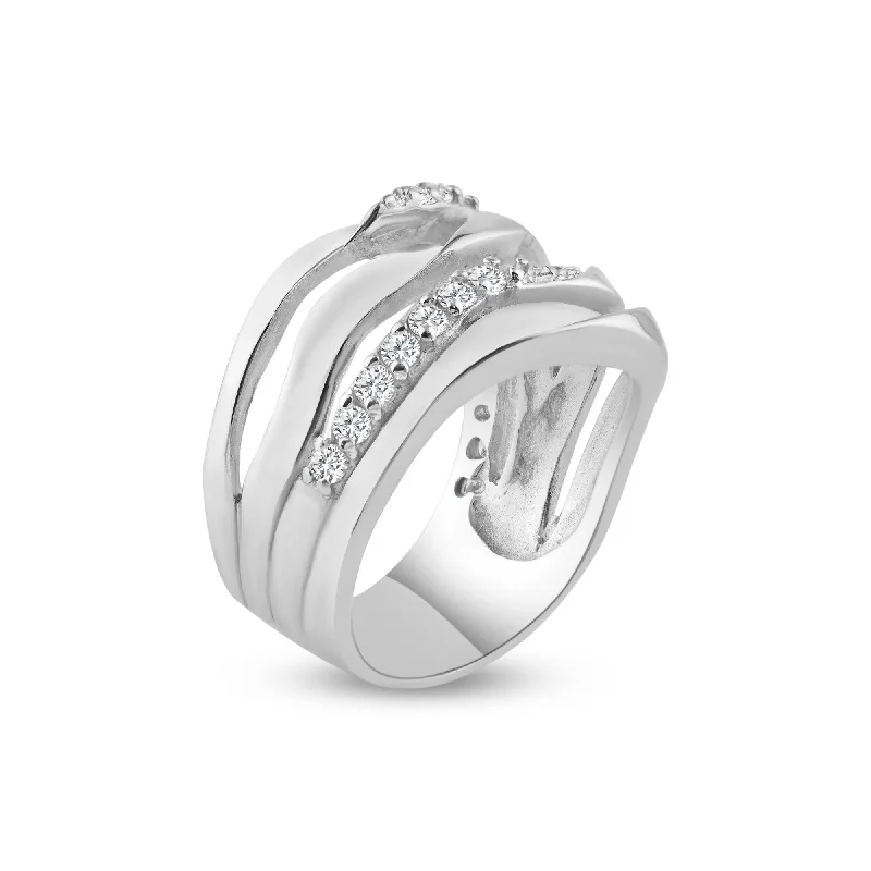 Classic Engagement Ring Bands-Silver 925 Rhodium Plated Alternating CZ Ring - STR00349