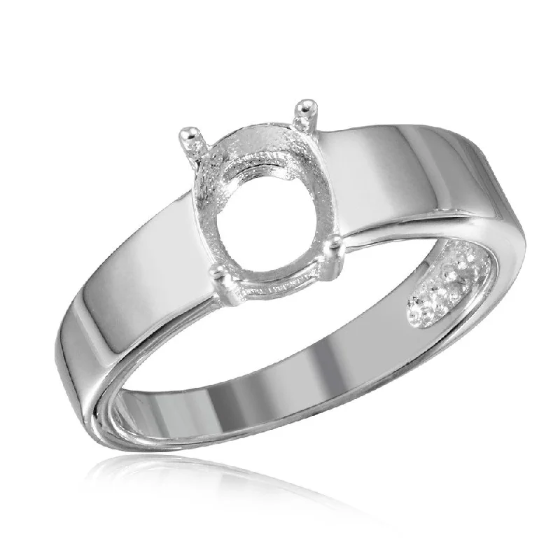 Custom Wedding Bands for Men-Silver 925 Rhodium Plated High Polished Band Slanted Single Stone Mounting Ring - BGR01017