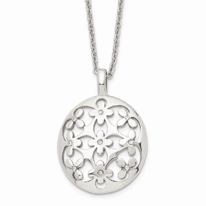 Luxury Heart Necklaces-Stainless Steel Polished Circle w/CZ w/2in ext. Necklace