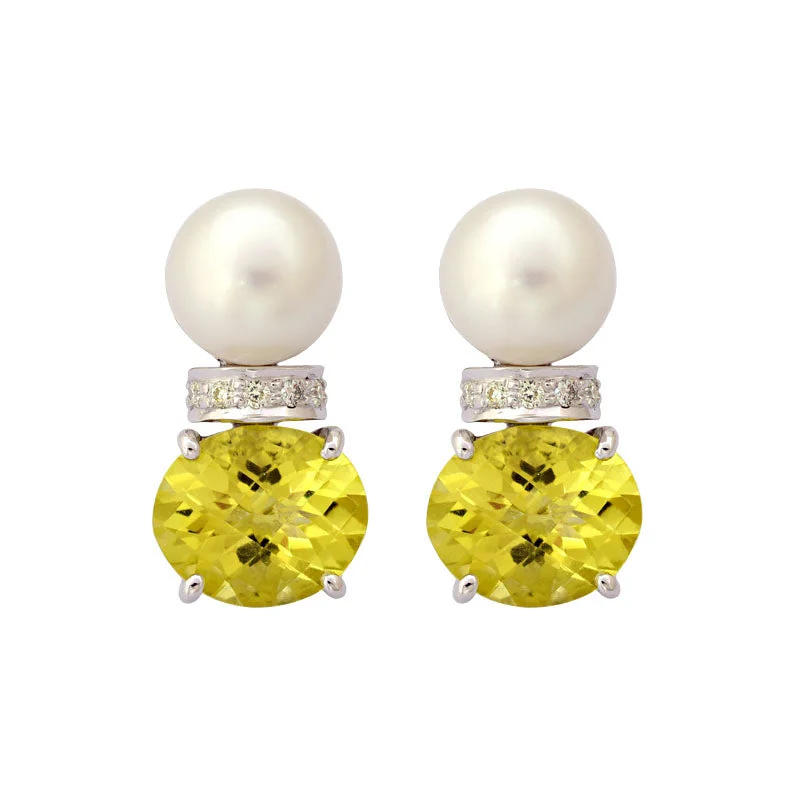 Handmade Earrings-Earrings-Lemon Quartz, South Sea Pearl and Diamond