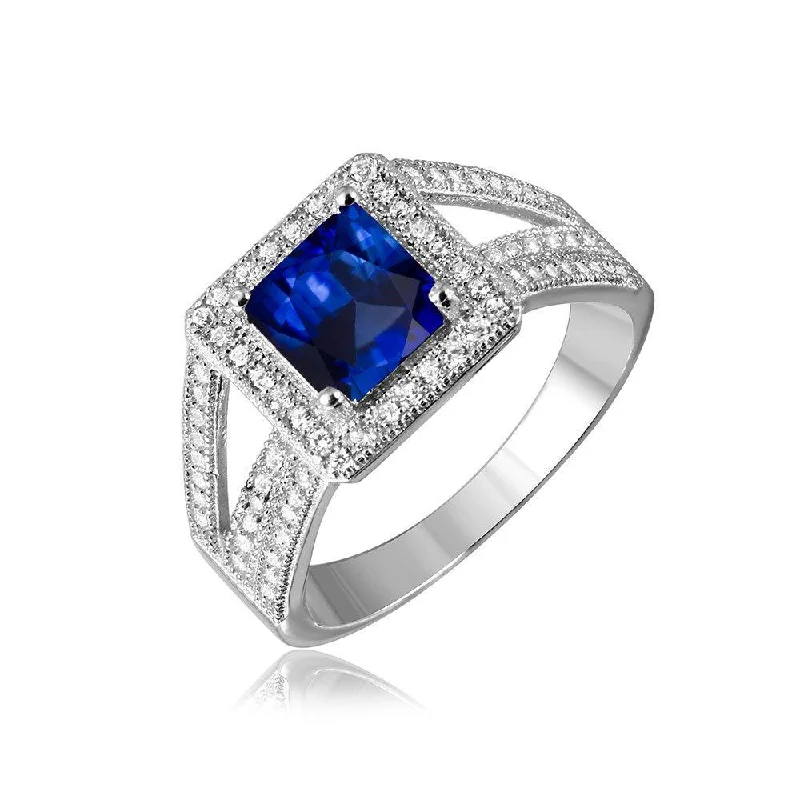 Unique Wedding Rings-Silver 925 Rhodium Plated Sapphire Square Halo with Micro Pave CZ Ring - GMR00103S