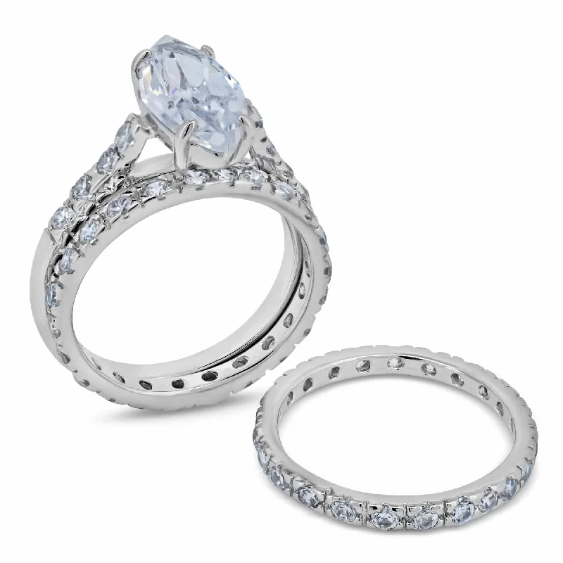 Silver Wedding Bands-Silver 925 Rhodium Plated Clear Marquise Center Round CZ Bridal Ring Set - BGR00249