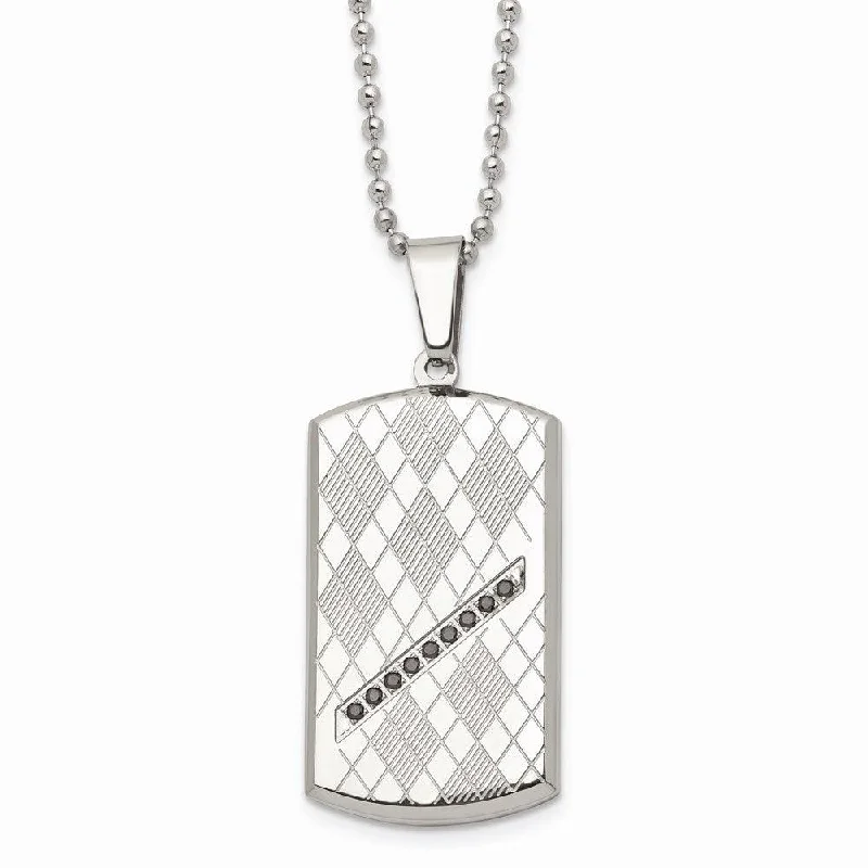 Beautiful Vintage Necklaces-Stainless Steel Polished & Textured Black CZ Dog Tag Necklace