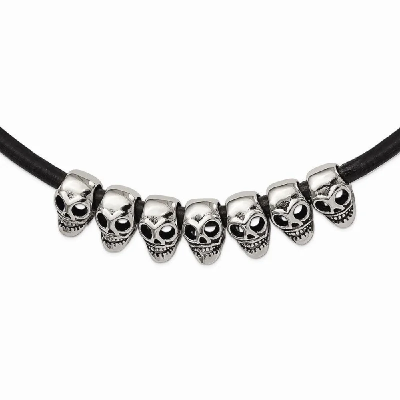 Diamond Pendant Necklaces-Stainless Steel Polished/Antiqued Skulls Black Leather Cord Necklace