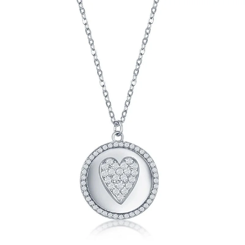 Layered Gold Necklaces-Sterlilng Silver Micro Pave CZ Disc Necklace - Heart