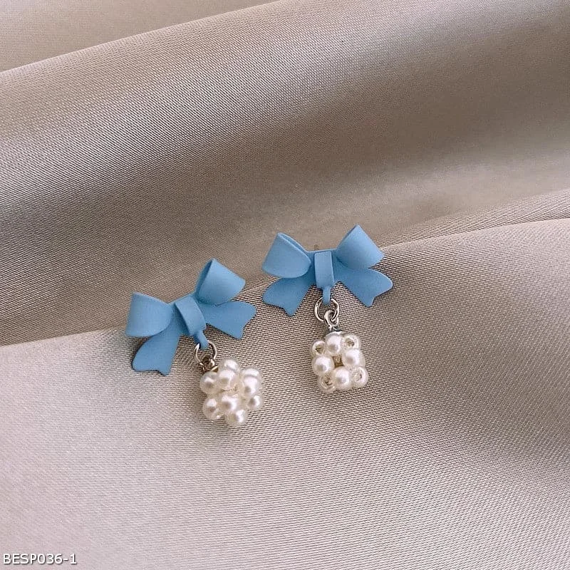 Statement Gemstone Earrings-Blue bow pearl ball earrings