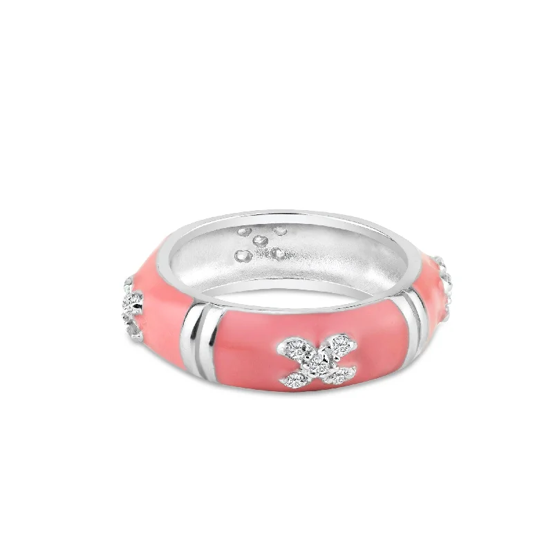 Colored Diamond Rings-Clearance-Silver 925 Rhodium Plated Pink Enamel Pave Set CZ Ring - STR00519