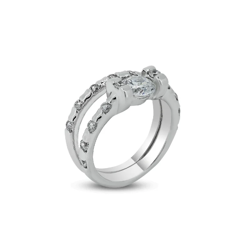 Gold and Silver Rings-Rhodium Plated 925 Sterling Silver Clear Center CZ Bridal Ring Set - BGR00403