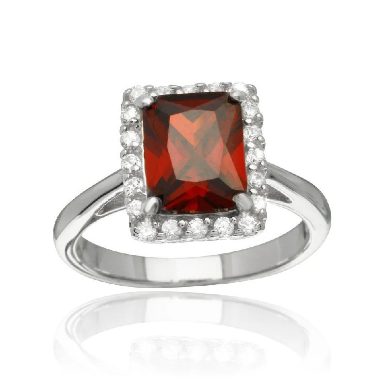 Personalized Diamond Rings-Rhodium Plated 925 Sterling Silver Square Red CZ Halo Ring - BGR01113RED