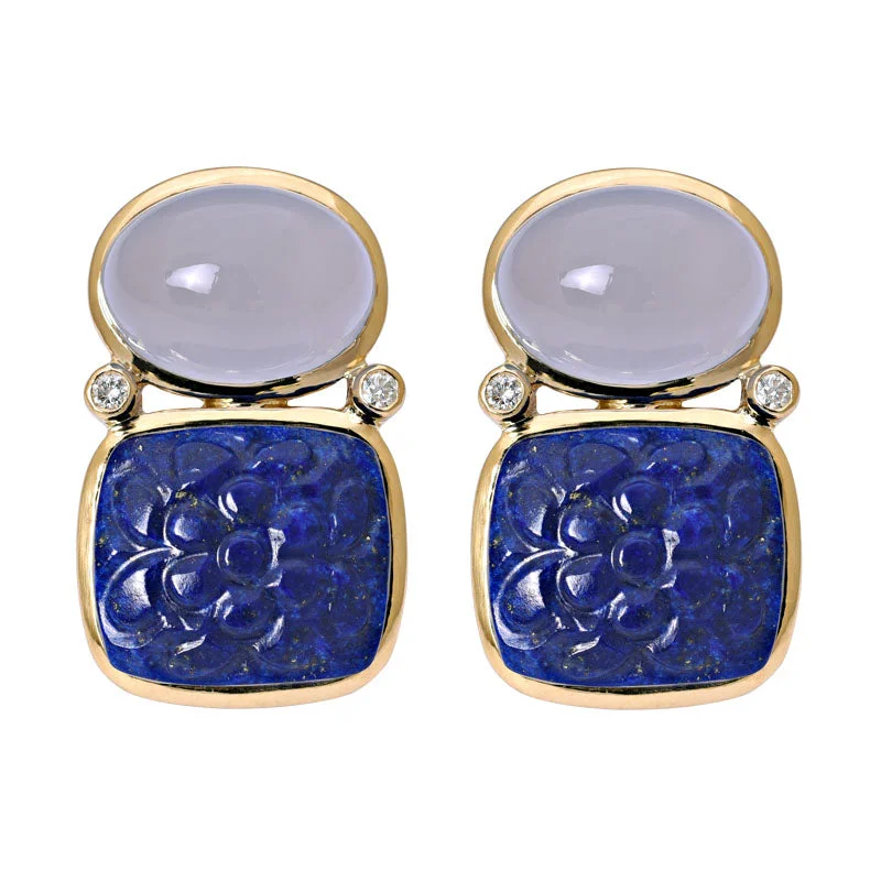 Trendy Gold Earrings-Earrings-Chalcedony, Lapis Lazuli and Diamond