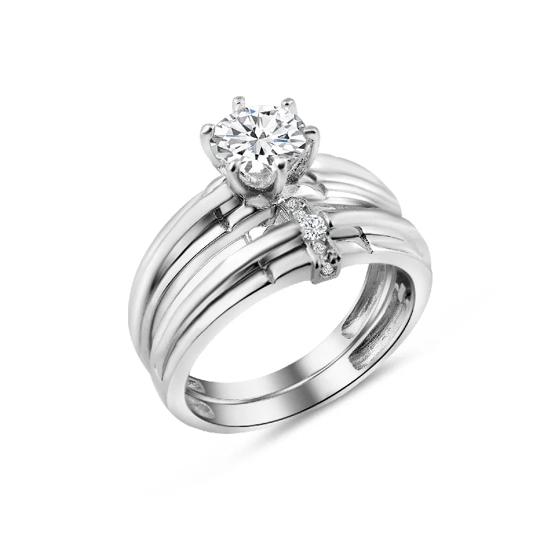 Simple Engagement Rings-Rhodium Plated 925 Sterling Silver Double Stackable Ring with CZ - GMR00267