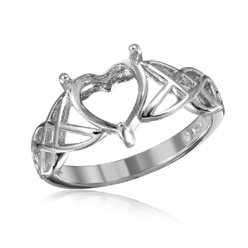 Trendy Wedding Ring Sets-Silver 925 Rhodium Plated Criss Cross Designed Shank Heart Mounting Ring - BGR01016