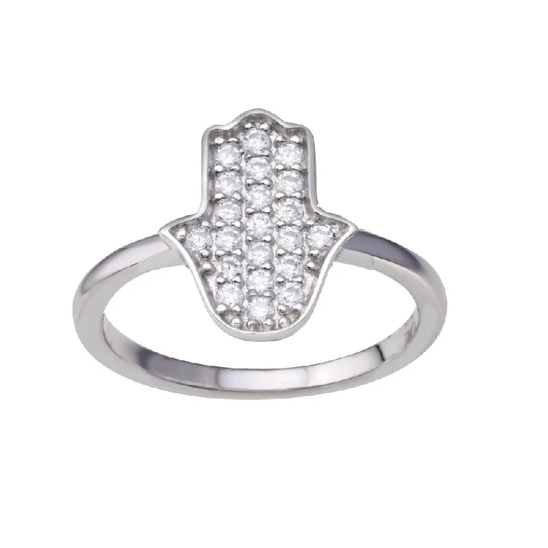 Adjustable Diamond Rings-Rhodium Plated 925 Sterling Silver Hamsa Clear CZ Ring - BGR01351