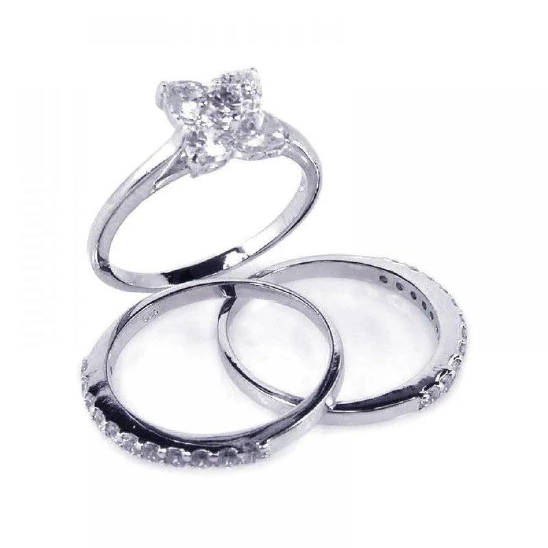 Unique Wedding Ring Bands-Silver 925 Rhodium Plated Flower Center Clear CZ Bridal Ring Set - BGR00079