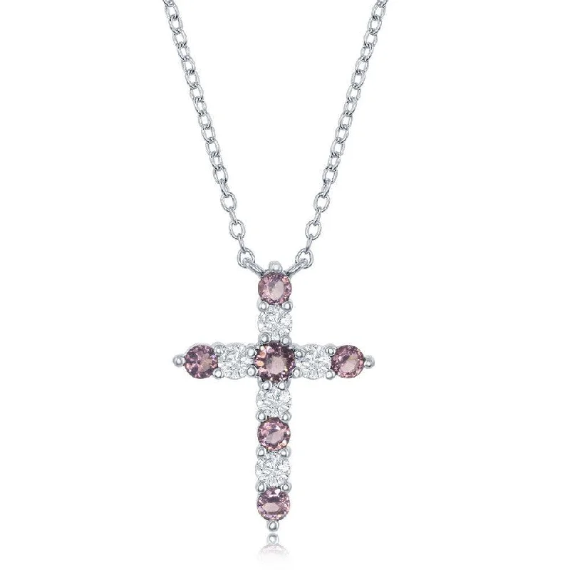 Vintage Gold Necklaces-Sterling Silver Amethyst CZ Febraury Birthstone Cross Necklace