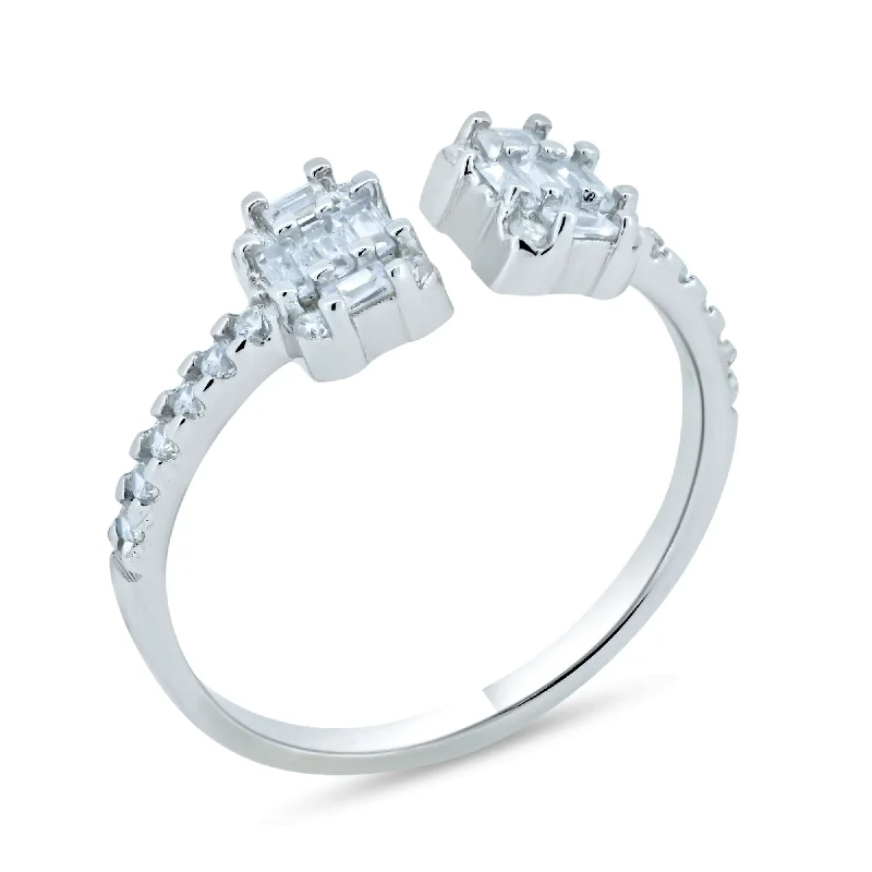 Classic Engagement Rings-Silver Rhodium Plated Double Baguette CZ Ring - GMR00365