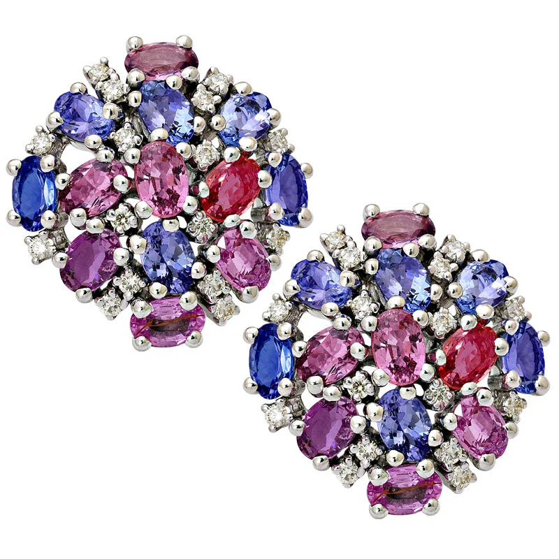 Unique Wedding Stud Earrings-Earrings-Tanzanite, Pink Sapphire and Diamond