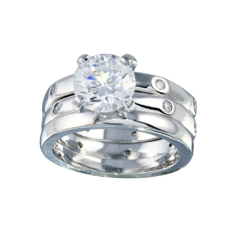 Bold Wedding Bands-Rhodium Plated 925 Sterling Silver Clear CZ Bridal Ring Set - BGR00080