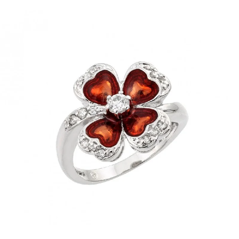 Men’s Gold Rings-Silver 925 Rhodium Plated Clear CZ Red Clover Ring - BGR00909