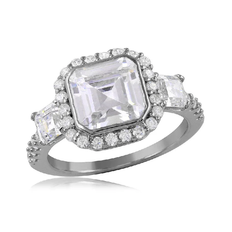 Classic Engagement Rings-Silver 925 Rhodium Plated Princess Cut Halo Center CZ Ring - GMR00124