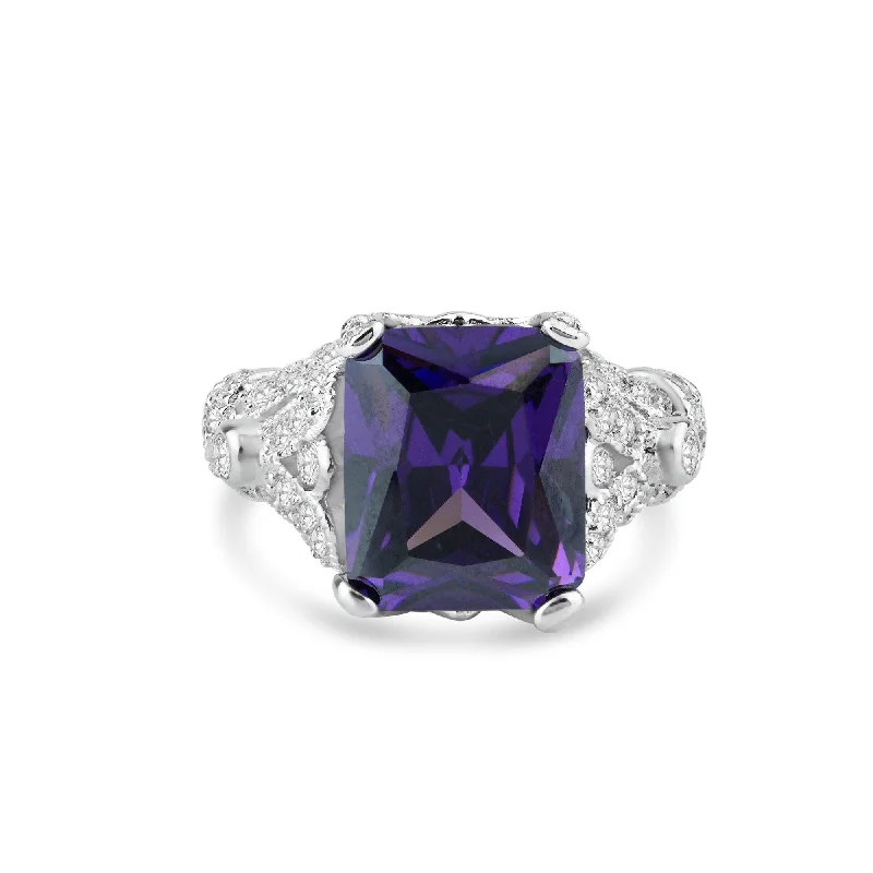 Vintage Wedding Bands for Women-Silver 925 Rhodium Plated Purple Square CZ Antique Ring - STR00567