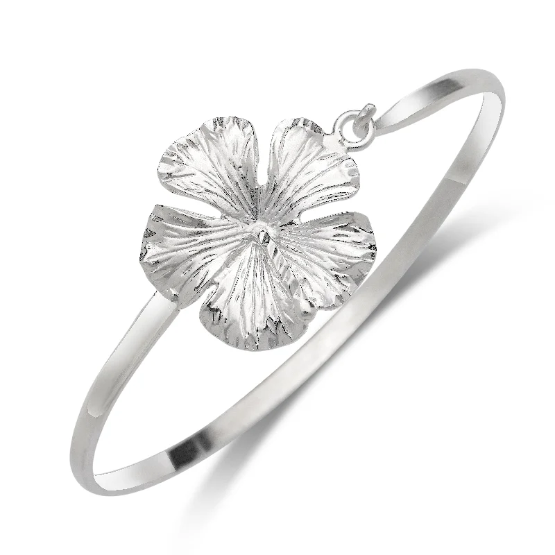 Dainty Bangle Sets for Weddings-Large Hibiscus Flower .925 Sterling Silver Hook Bangle, 1 piece