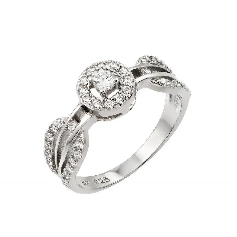 Sparkly Engagement Rings-Silver 925 Rhodium Plated Looped Band Pave Small Center CZ Ring - STR00944