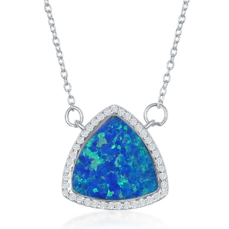 Gold and Silver Necklaces-Sterling Silver Blue Inlay Opal Triangle with CZ Border Necklace