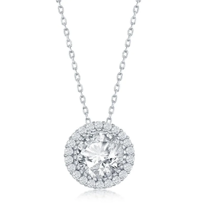 Luxury Gold Necklaces-Sterling Silver 12mm Round Halo Cubic Zirconia Necklace