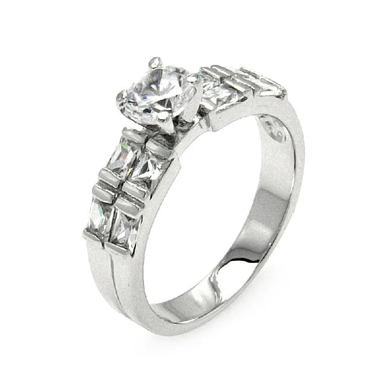 Gold and Silver Rings-Silver 925 Rhodium Plated Clear Round Center Square Side Rows CZ Bridal Ring - BGR00576