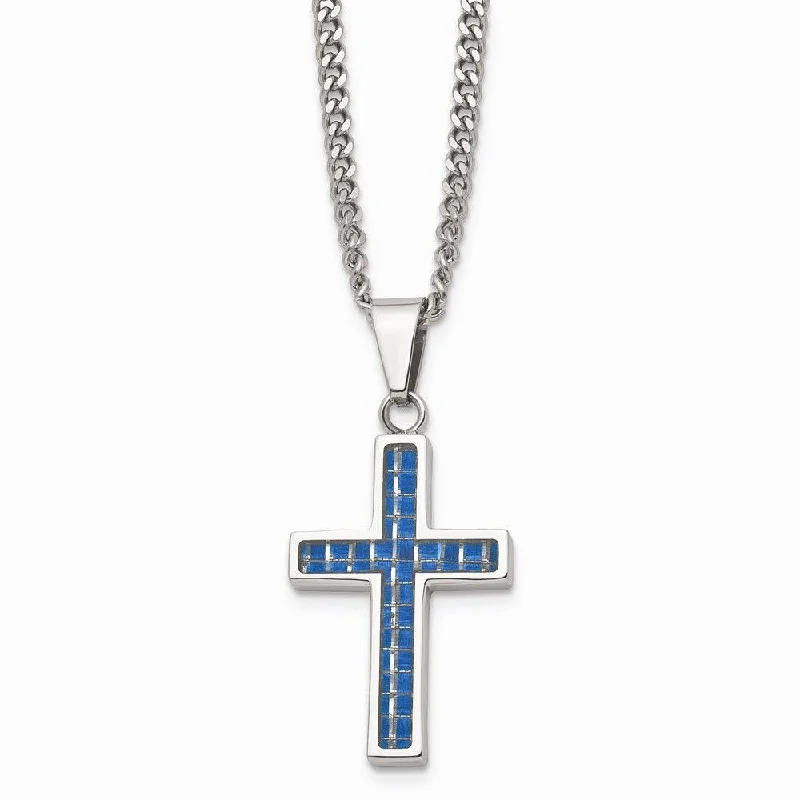 Sparkling Gold Necklaces-Stainless Steel Blue Carbon Fiber Inlay Polished Small Cross Necklace