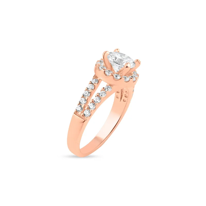 Custom Gemstone Wedding Bands-Silver 925 Rose Gold Plated Clear Cluster CZ Ring - BGR00613