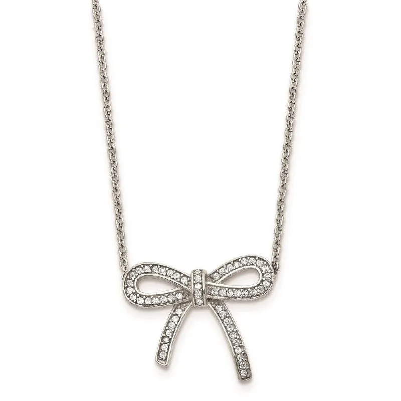 Beautiful Silver Pendant Necklaces-Stainless Steel Crystal Polished Bow with 1.75in ext. Necklace