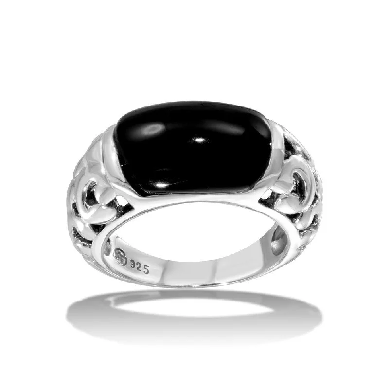 Personalized Engagement Rings-High Polished 925 Sterling Silver Black Stone Ring - CR00719