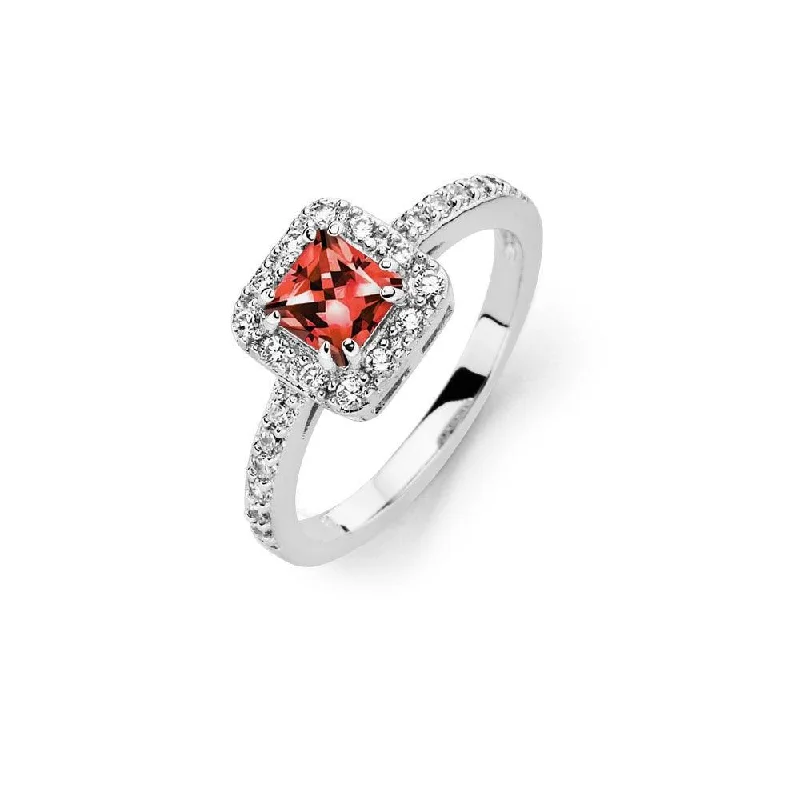 Designer Wedding Bands-Silver 925 Rhodium Plated Clear Micro Pave Set Red Square Center CZ Bridal Ring - BGR00733