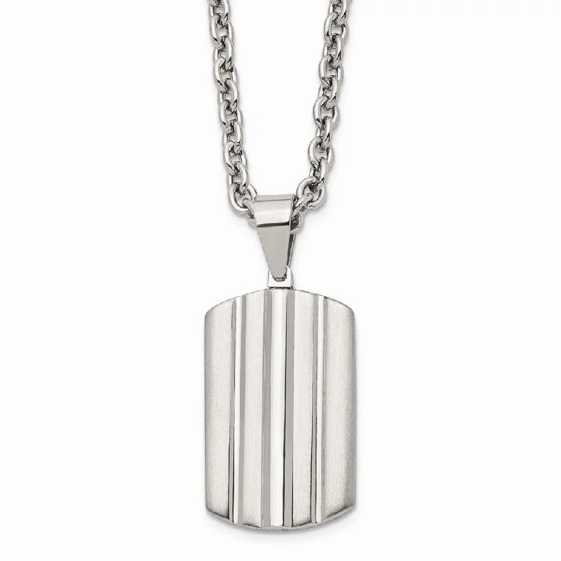 Wedding Gold Necklaces-Stainless Steel Brushed and Polished Grooved Dogtag Necklace