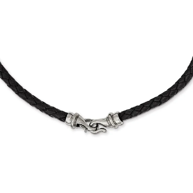 Romantic Gold Necklaces-Stainless Steel Polished Woven Black Leather Necklace