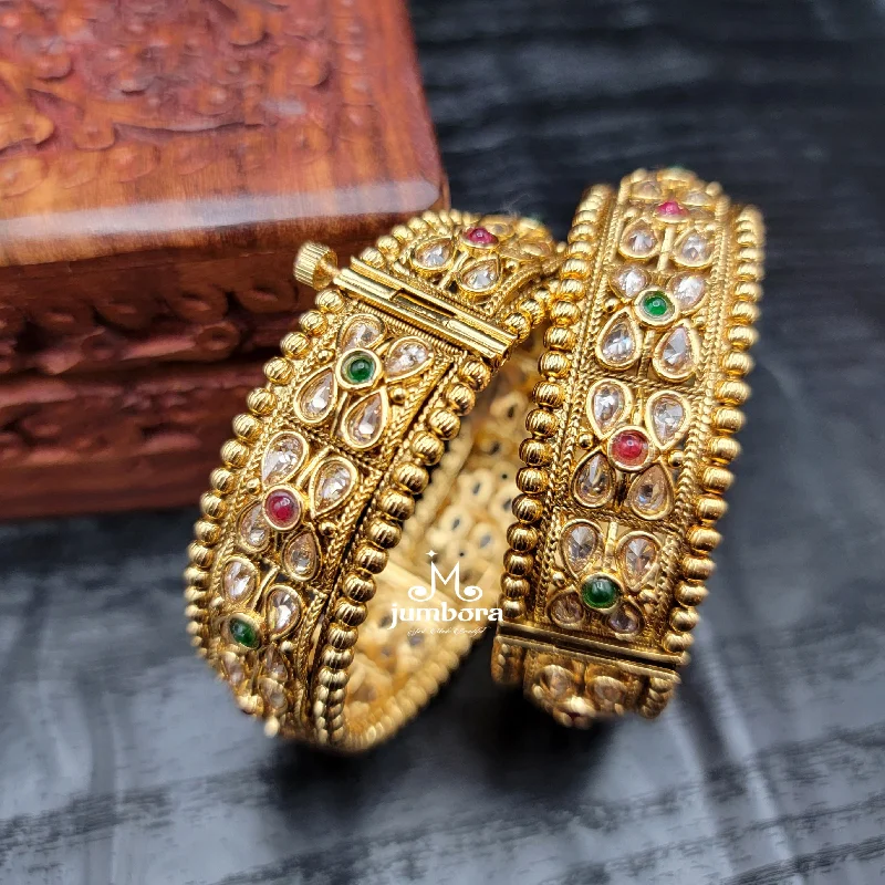 Beautiful Diamond Bangle Sets-Rajwadi Gold Finish Openable Polki Bangle