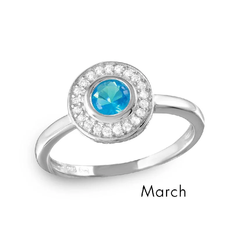 Silver Wedding Bands-March Sterling Silver 925 Rhodium Plated CZ Center Birthstone Halo Ring - BGR01082MAR