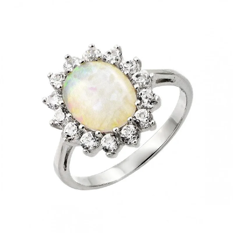 Elegant Engagement Rings-Silver 925 Rhodium Plated White Opal Center Clear CZ Sun Ring - STR00991