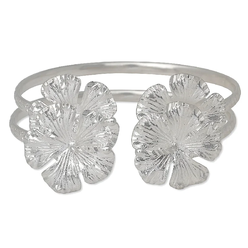 Traditional Wedding Bangles-Better Jewelry Large Hibiscus Flower .925 Sterling Silver Bangles, 1 pair