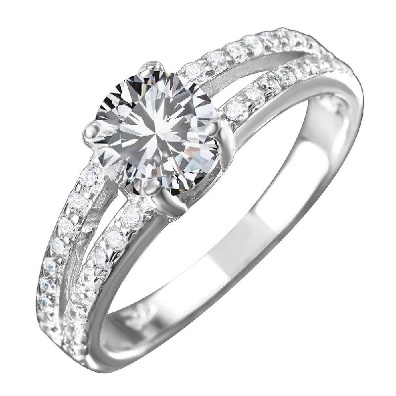 Designer Wedding Bands-Silver 925 Rhodium Plated Split shank CZ Center Stone Ring - BGR01032